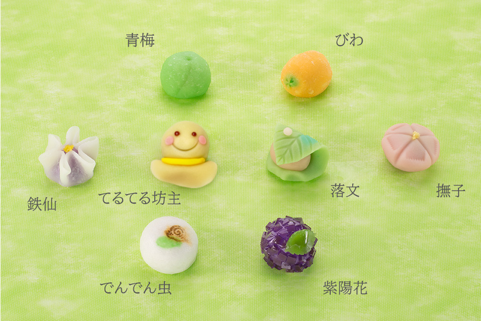上生菓子：青梅,びわ,鉄仙,てるてる坊主,落文,撫子,でんでん虫,紫陽花